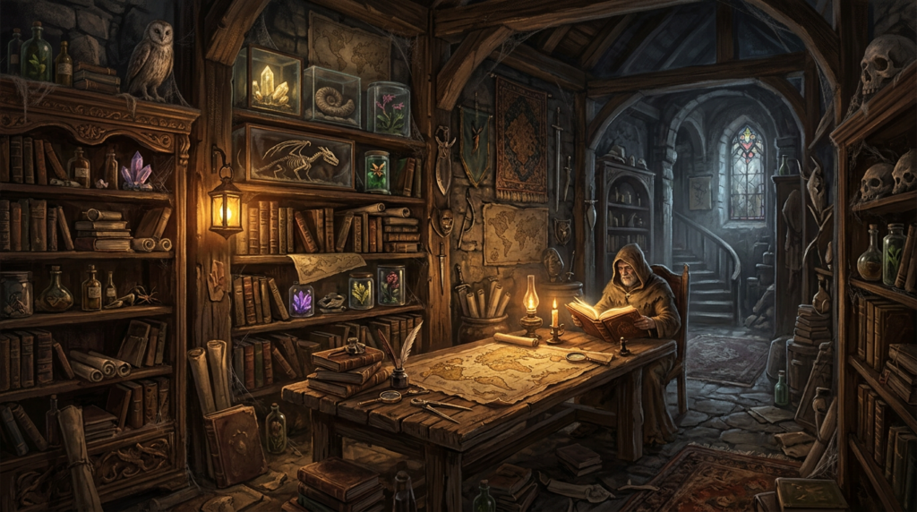 Scholarly study with books, maps, and artifacts illuminated by candlelight